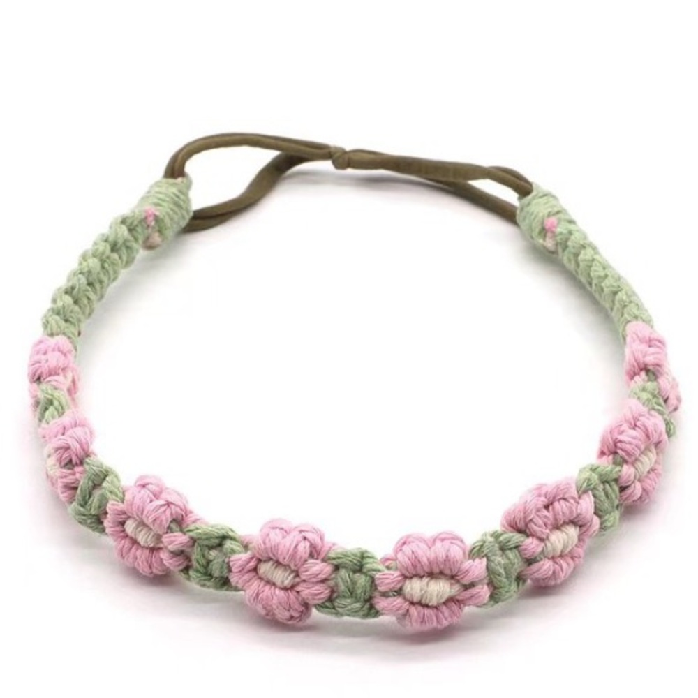 Crochet flower pattern elastic head wrap/ headband pink sag
